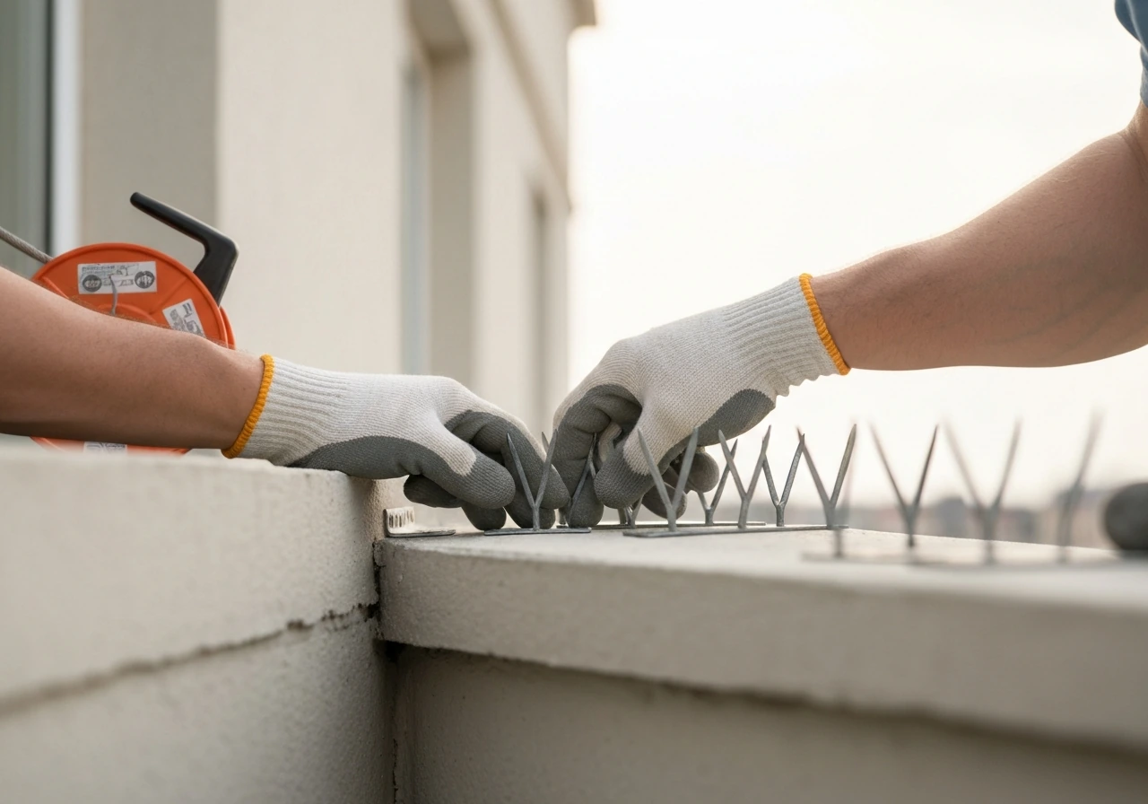 Gloved hands installing anti-perch spikes on an exterior ledge beside an open retractable reel.
