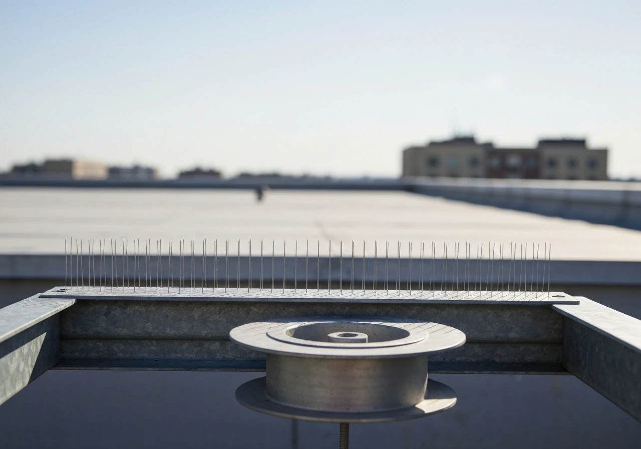 Humane anti-perch spikes installed along a rooftop edge above an exposed reel area, no birds present.