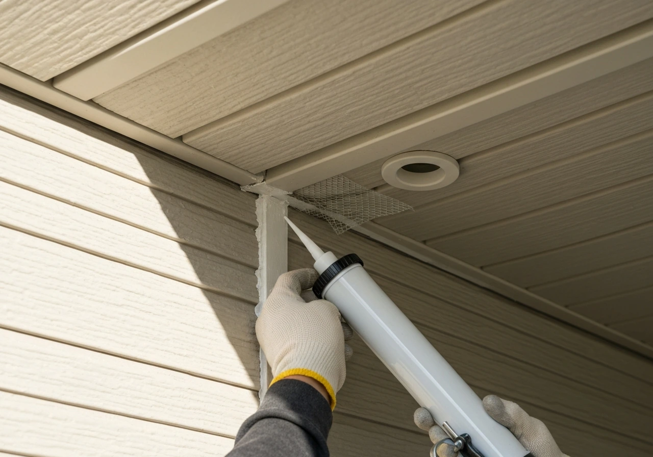 Hand sealing a small gap under an exterior soffit with caulk near a weep hole