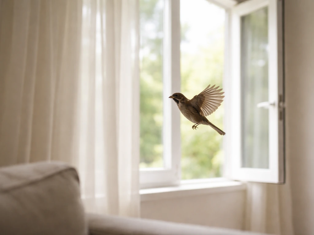Small bird calmly flying out of an open window into daylight in a quiet, tidy room.