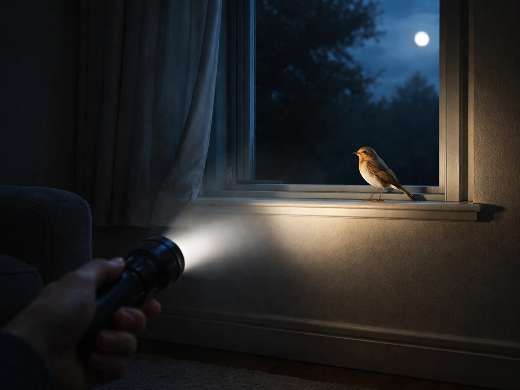 Small bird perched by a window while a flashlight is used to locate it in a quiet living room.