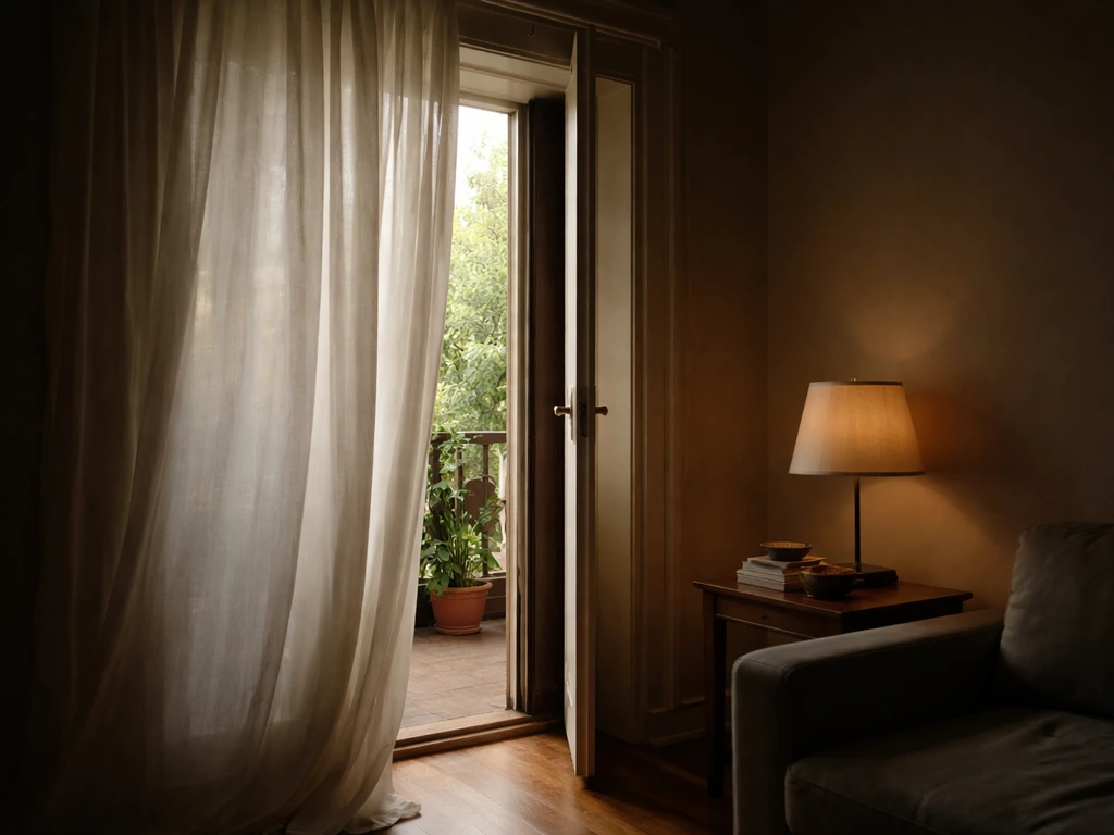A dim room with one bright doorway left open using a lampshade and curtain for gentle light control