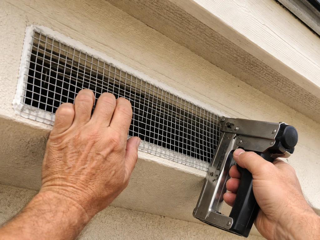 Hand installing 1/4-inch hardware cloth over a soffit vent, edges sealed with caulk