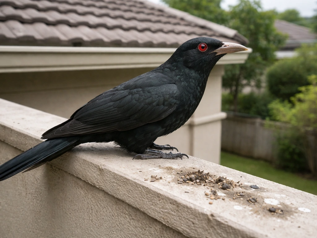 Asian koel perched on a residential roof edge with visible droppings, close realistic context for safe removal