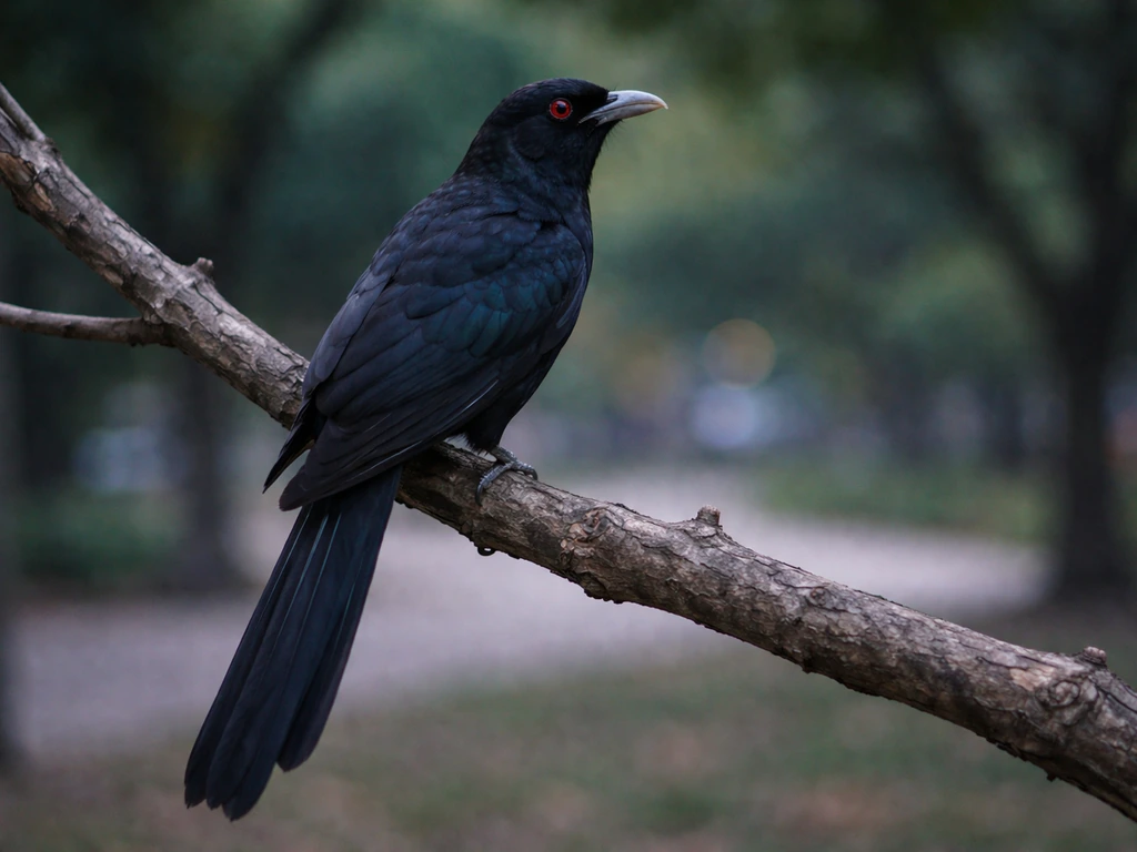 Asian koel perched on a tree branch with long tail and dark glossy plumage visible.