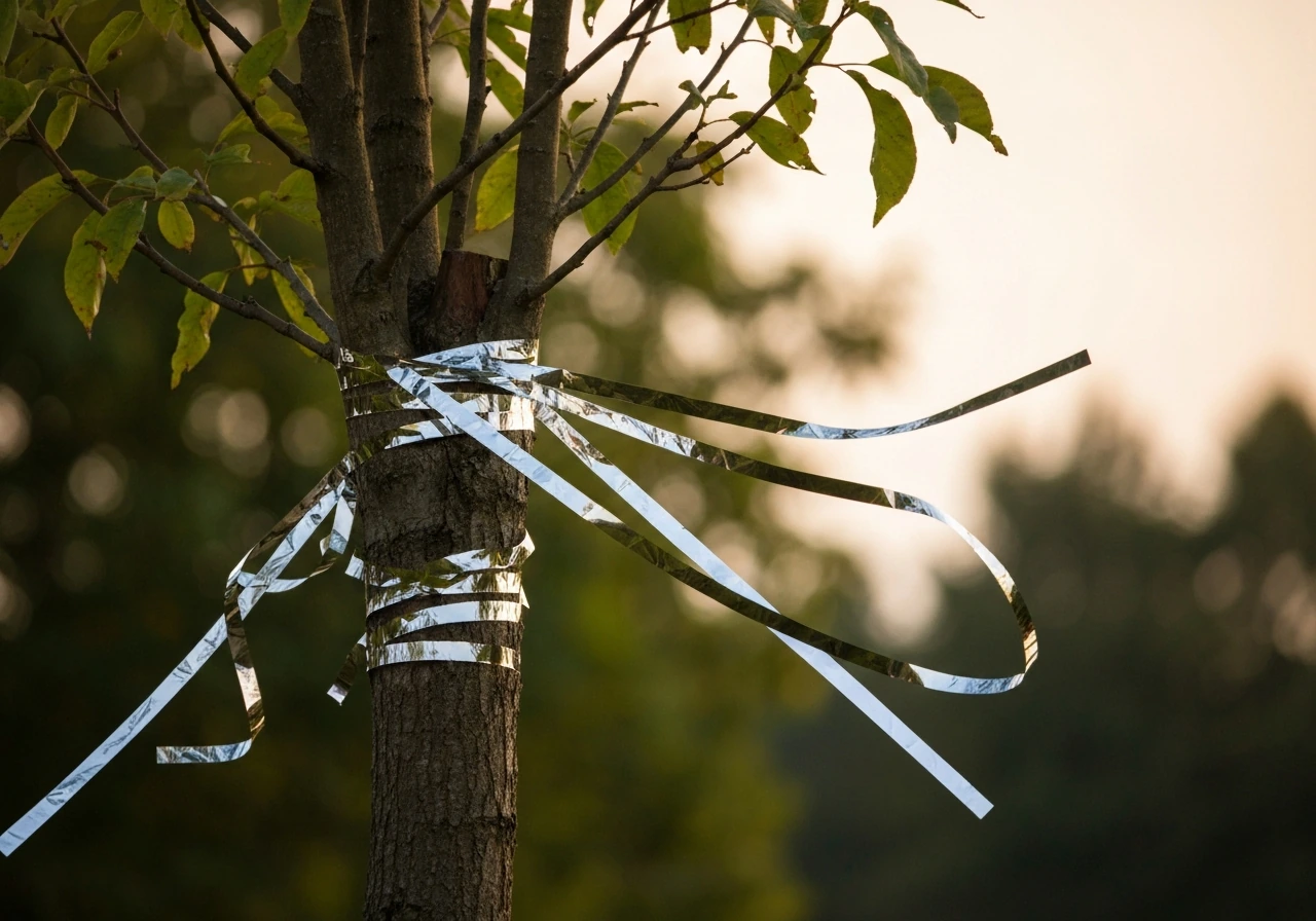 Reflective bird scare tape strips flapping in a breeze near a quiet tree roost perch area