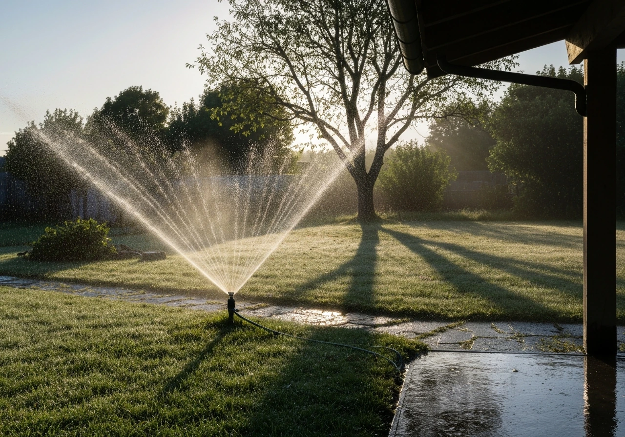 Motion-activated sprinkler at dawn spraying water toward a garden near a roost tree.