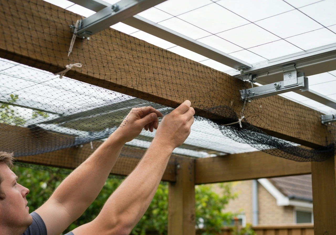 Hand installing bird netting over a pergola area, securing mesh along rafters to block entry points.
