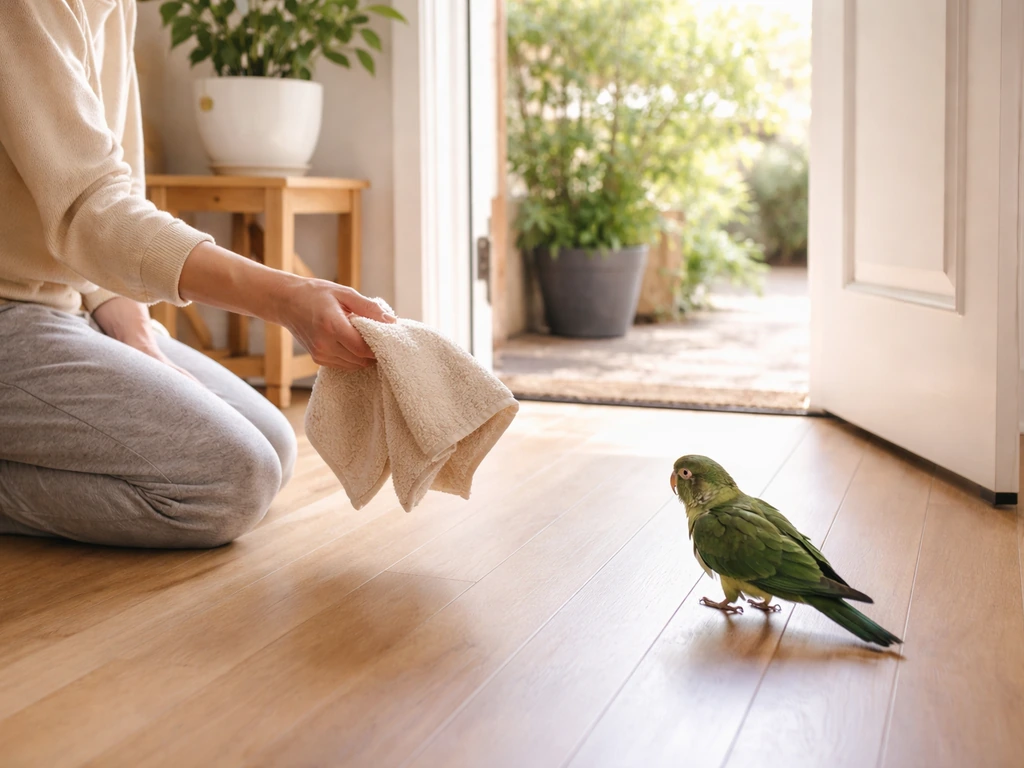 Person gently guiding a distressed indoor bird toward an open door in a bright, safe home setting.