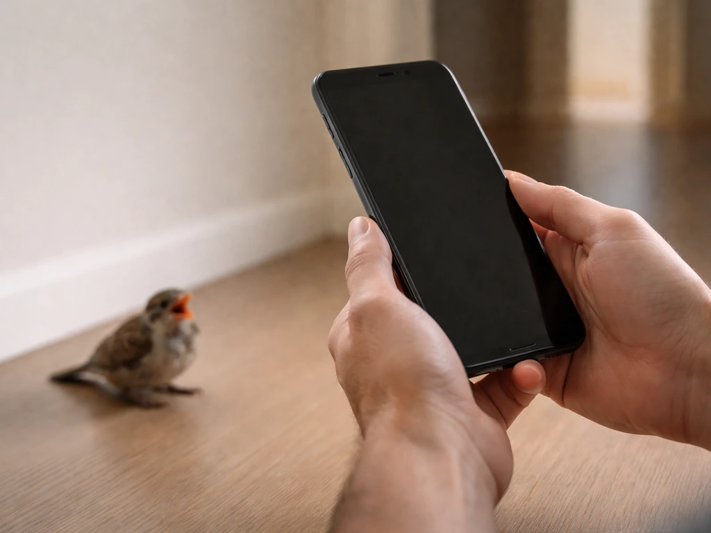 Person holds a phone at a distance while a squawking bird is on the floor indoors.