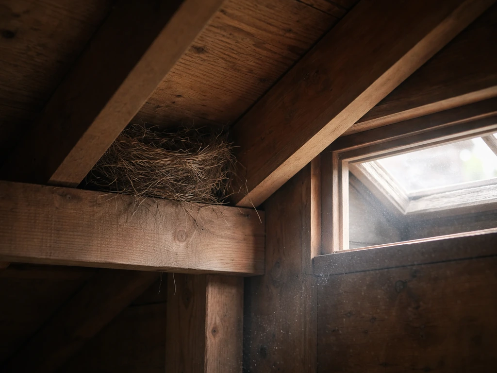 Small bird nest tucked in an attic ceiling corner near an open roof vent, soft daylight filtering in.
