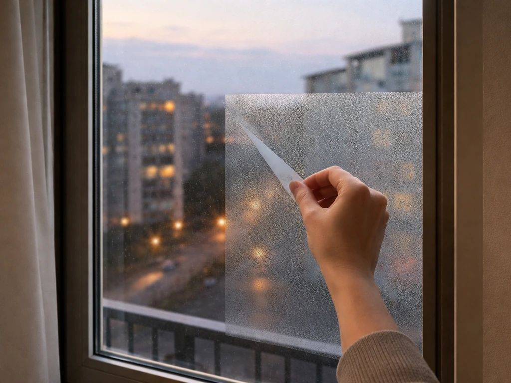 A hand applies removable film to the outside of a window to reduce glare and reflections.
