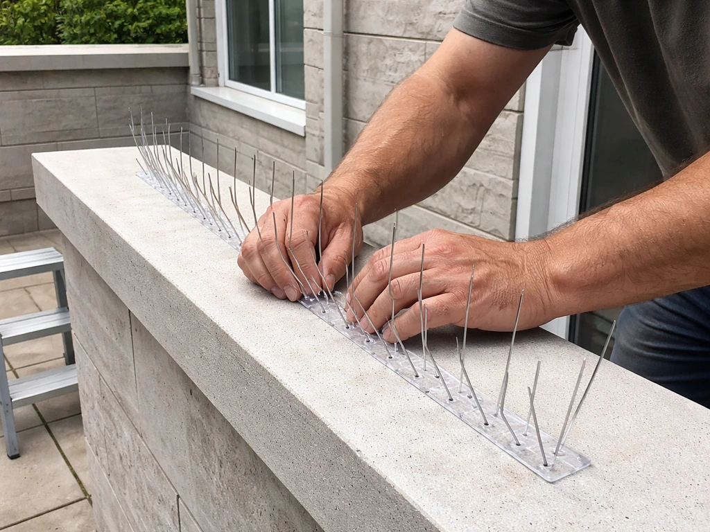 Worker installing discreet bird spikes along a flat window ledge on a home exterior