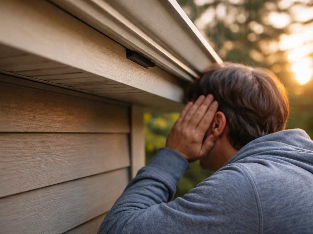 Person listening at the roof eave during dawn to locate the source of chirping