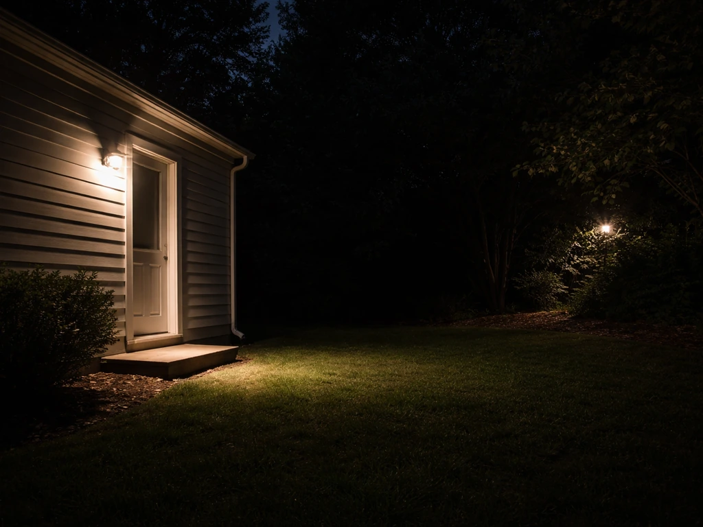 Nighttime house exterior with motion-activated light casting, always-on light left dim near trees