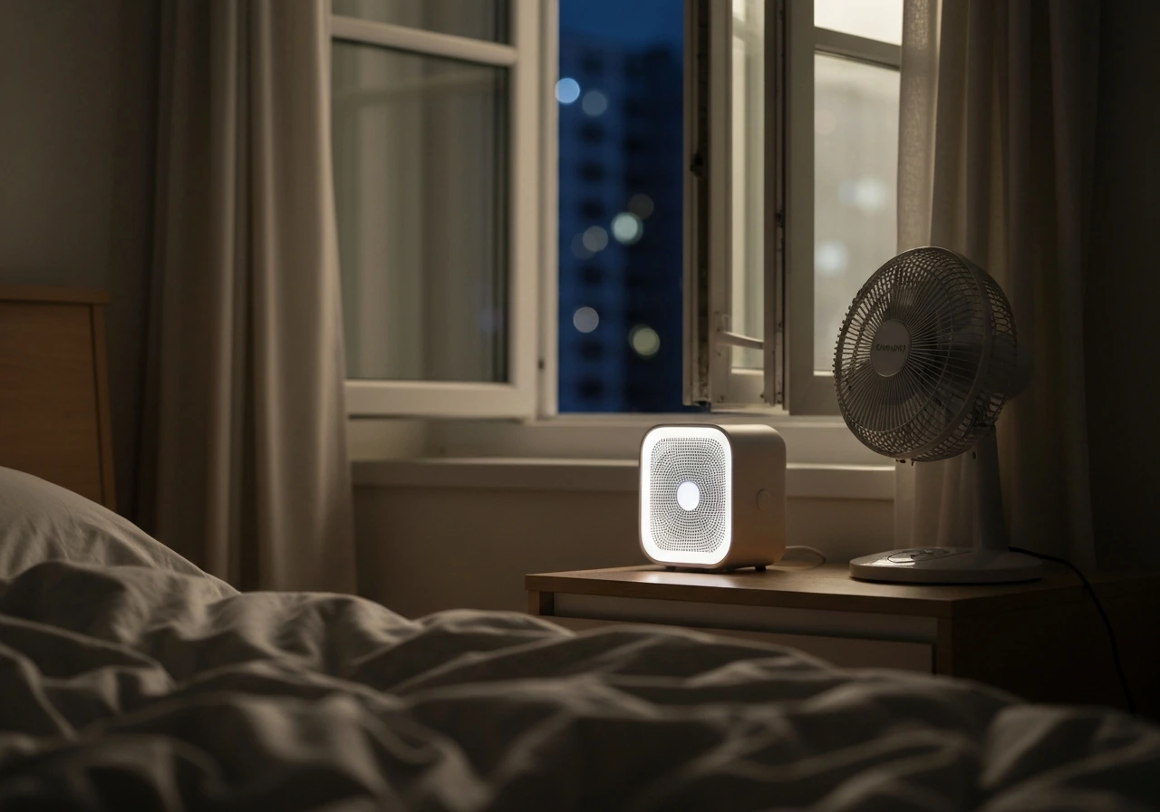 Night bedroom scene with a small white noise machine near an open window and soft city glow.