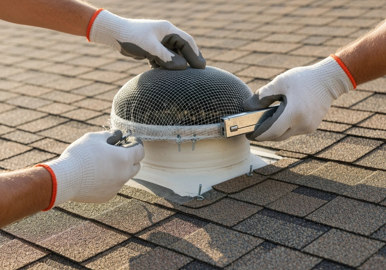 Worker hands installing fine-mesh hardware cloth over a roof vent to prevent bird entry.