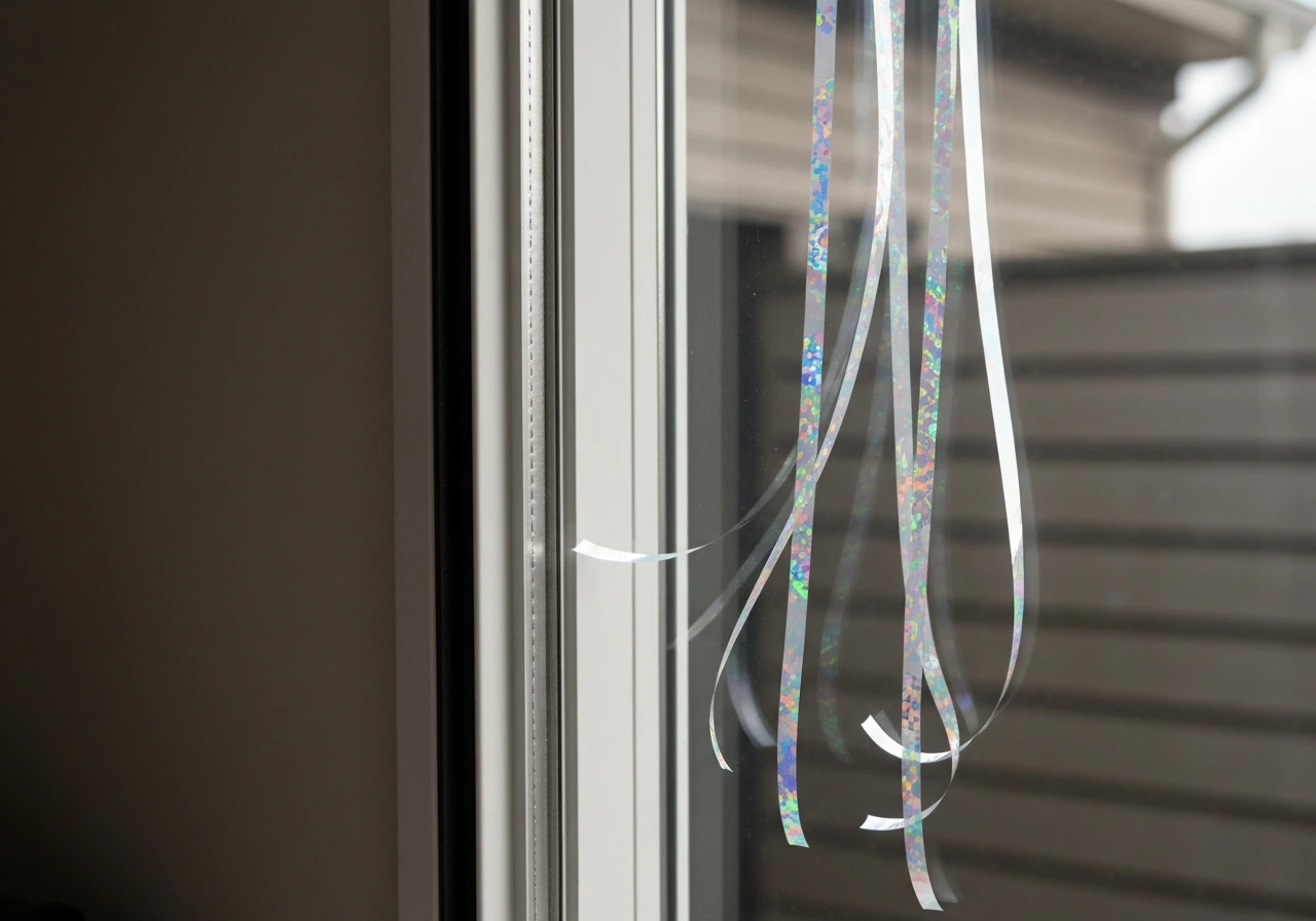Reflective holographic ribbon strips hanging near a glass window to help deter birds.