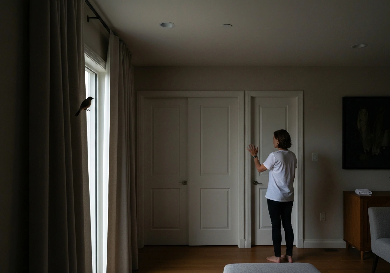 Calm room interior with curtains partially closed and a person keeping distance while a bird stays off to the side.
