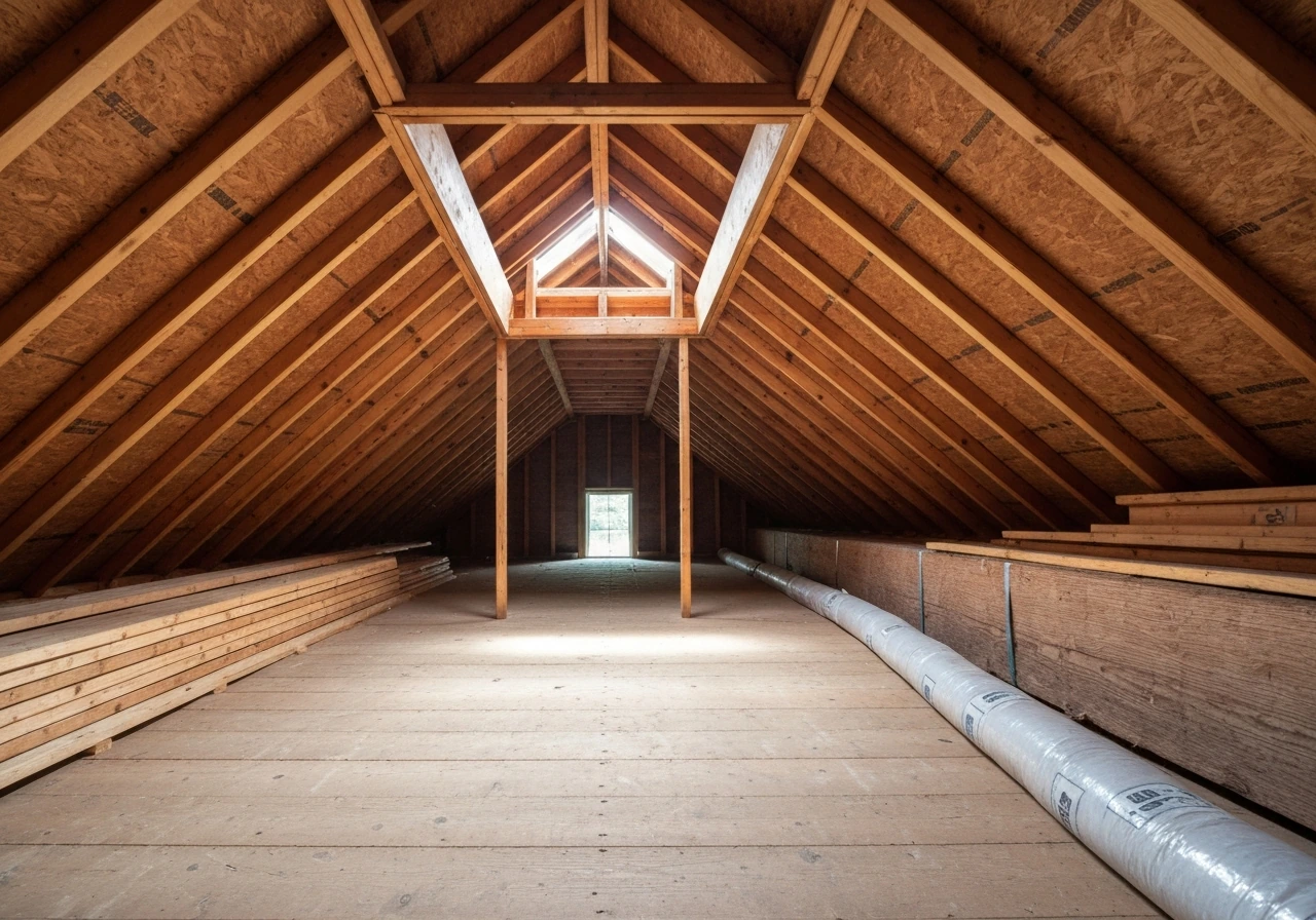 Open attic access hatch letting in daylight above tidy, clear space on the attic floor.