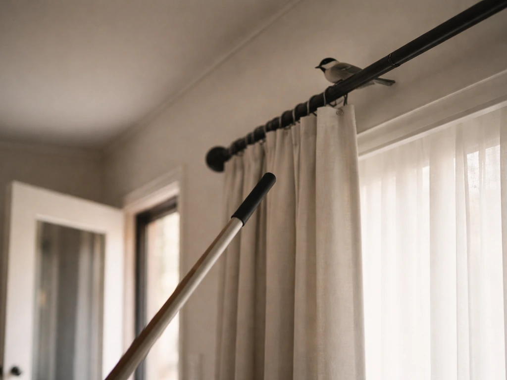 A small bird on a curtain rod while a long broom handle is held nearby in a dim living room with an open exit door.