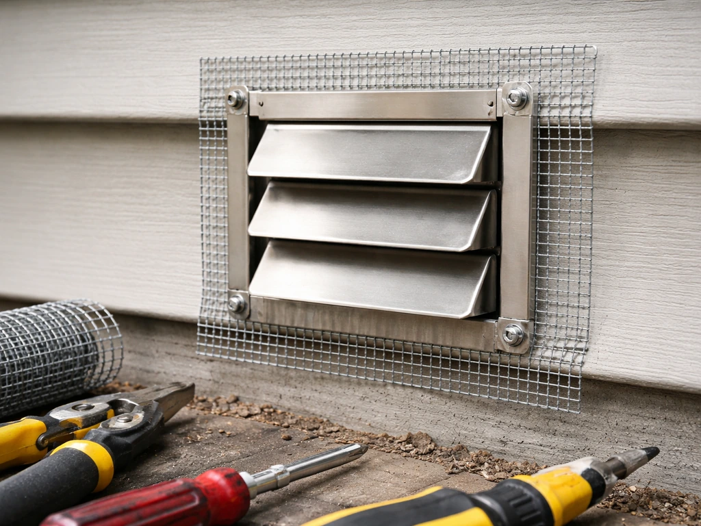 Close-up of hardware cloth and a vent cover/flap mechanism installed over an exhaust vent to block birds.