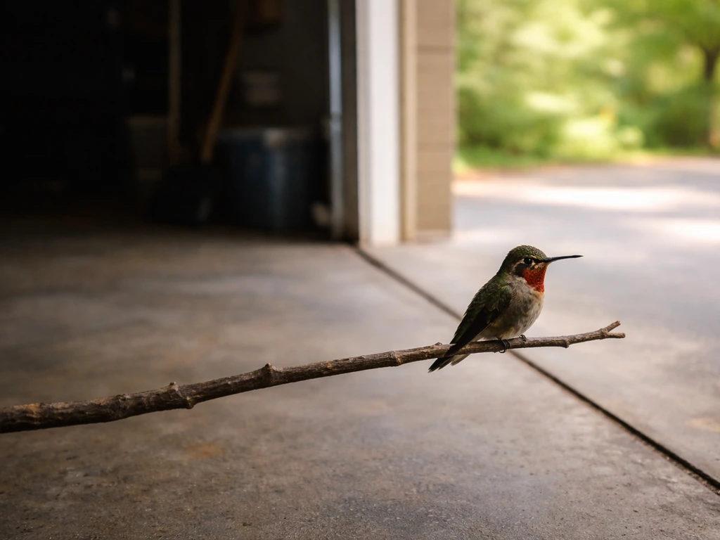 Hummingbird perched near an open garage doorway with bright exit and dim interior for safe escape.