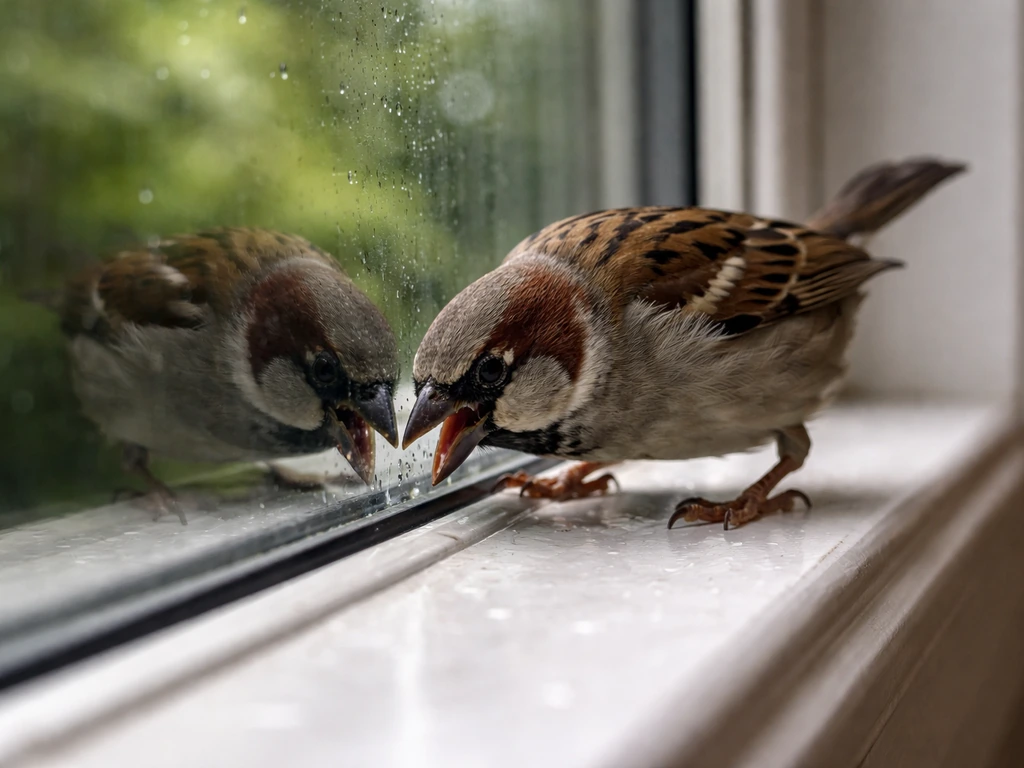 Small songbird pecking at a window pane, with a clear reflection like a mirror.