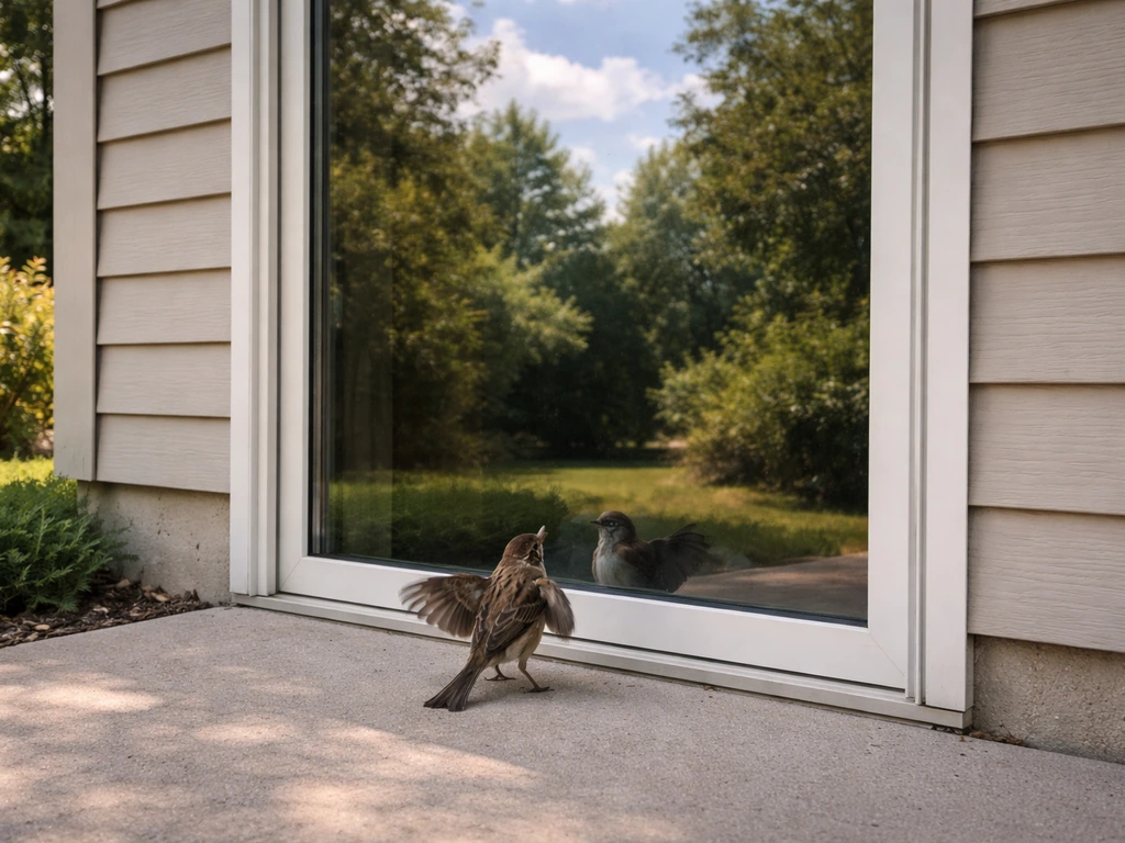 A small bird attacks a reflective window showing sky and tree reflections in a quiet backyard.