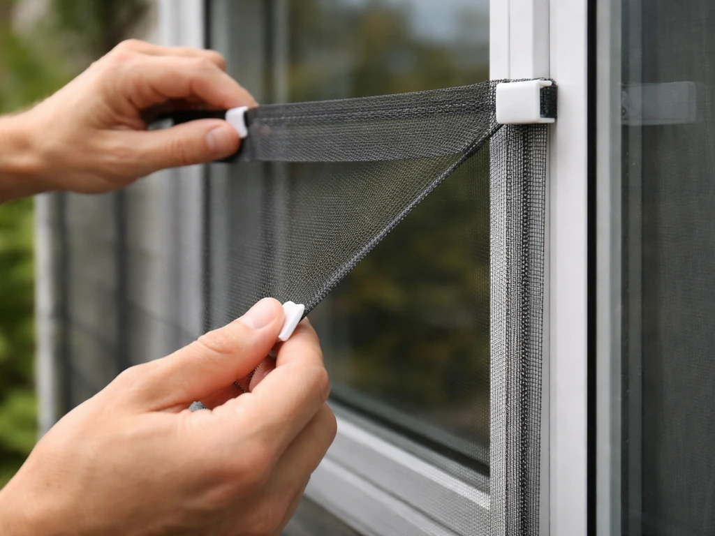 Hands clip mesh window screening to an exterior frame, leaving a visible air gap from the glass.