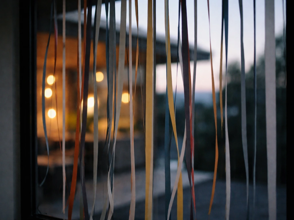 Window with vertically hanging fluttering ribbons or paracord strips breaking up reflection.