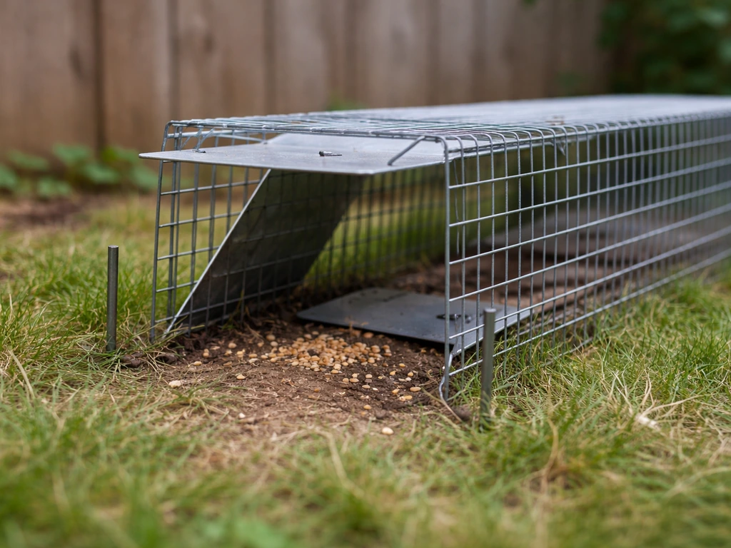 Close view of an adjusted animal trap entrance in a backyard, showing a stable, level entry angle.