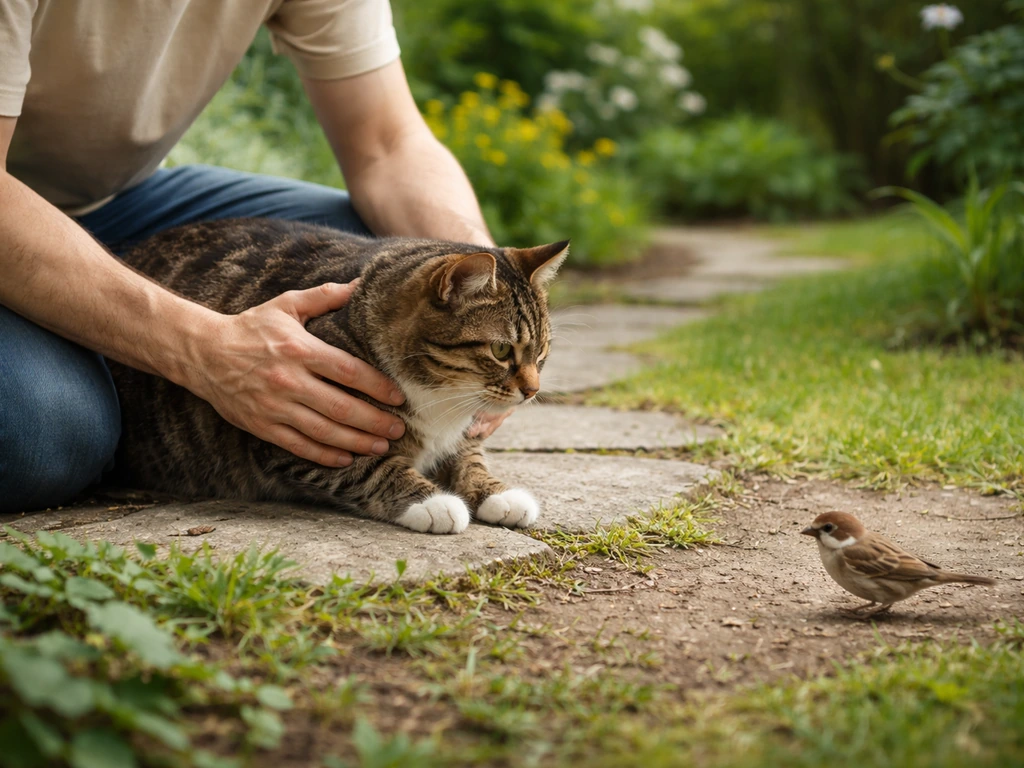 Cat owner gently separates a cat and a small bird in a quiet garden edge.