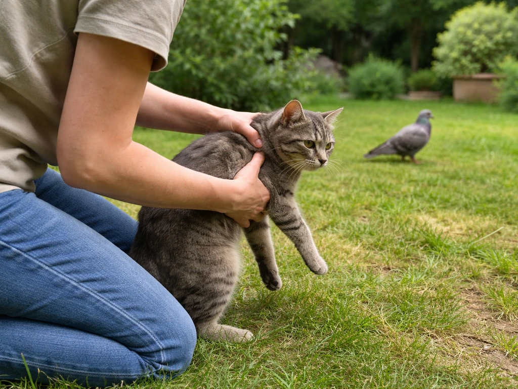 Person quickly lifts a cat away at safe distance from a nearby bird in a backyard garden.