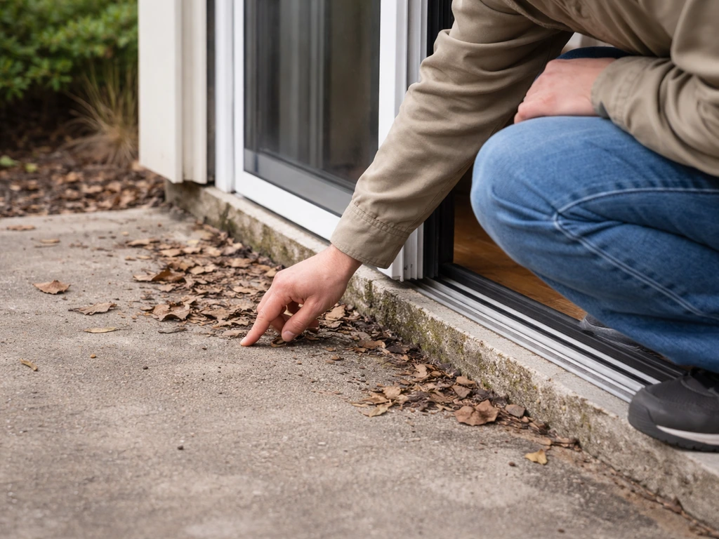 Person crouches by a patio door inspecting near-ground entry clues after a bird strike.
