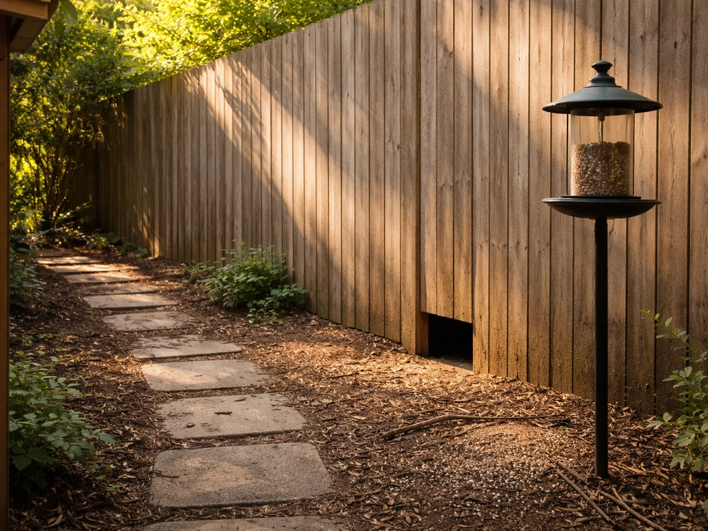 Home garden walkway by a fence with a bird feeder area and a visible cat-access path