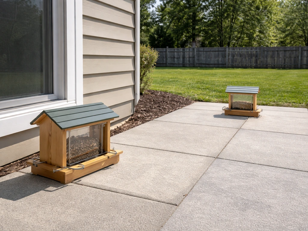 A bird feeder placed far from a window, with a second feeder nearer—showing safer separation from pet access.