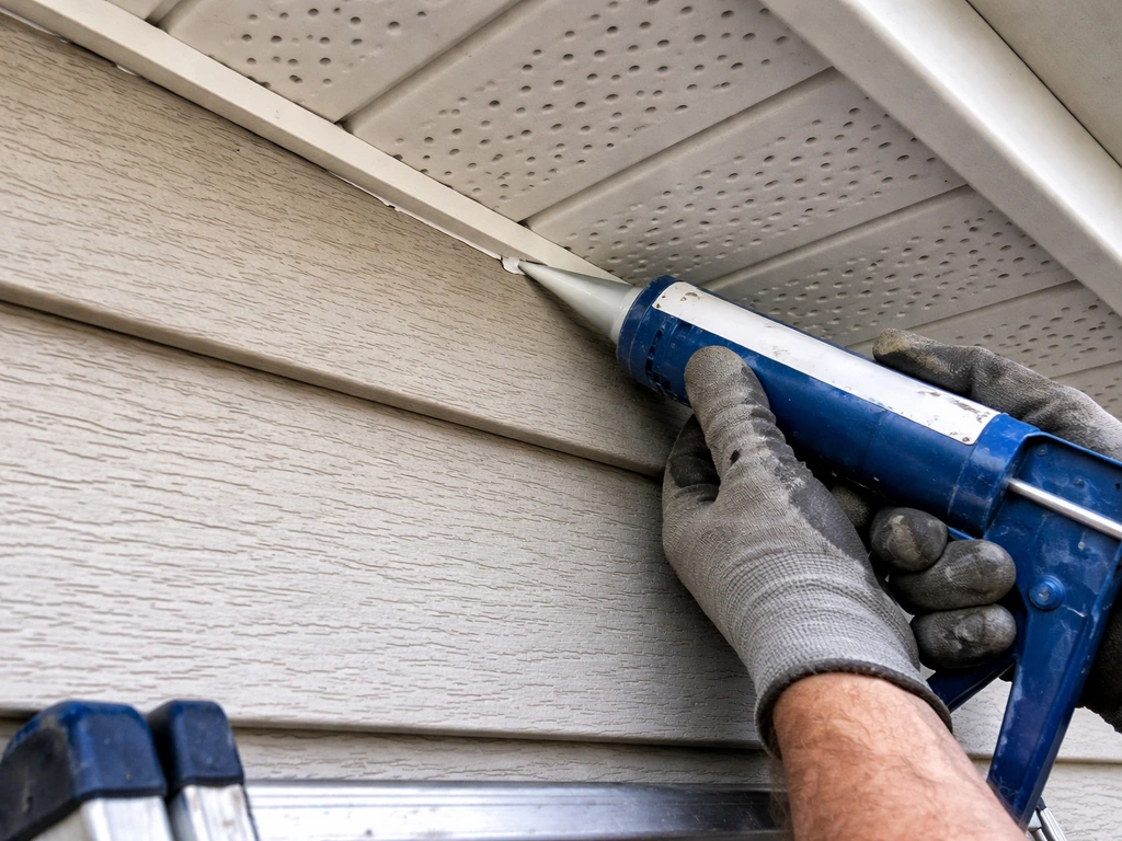 Gloved hands sealing a small roof soffit/vent gap with weatherproof sealant on a house exterior.