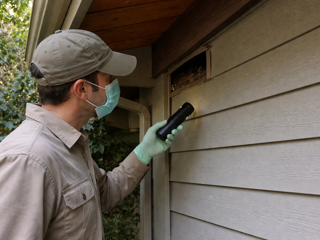 Wildlife professional safely inspecting a building entry point near an unseen active nest.