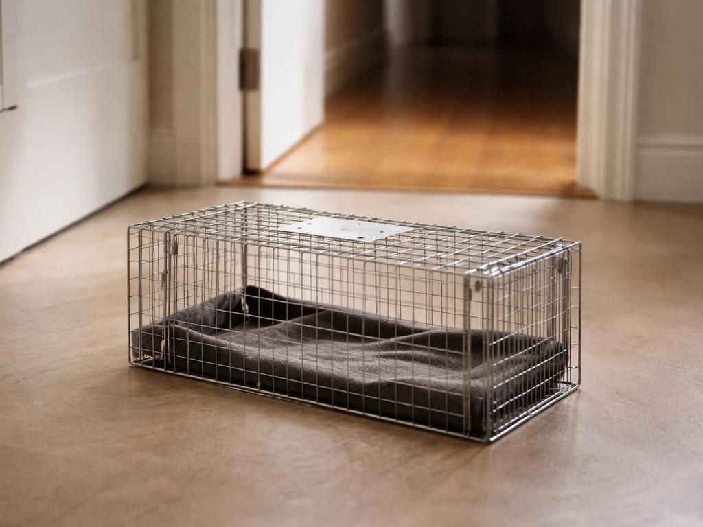 A humane wire live trap indoors beside an open, dim exit pathway with soft natural light.