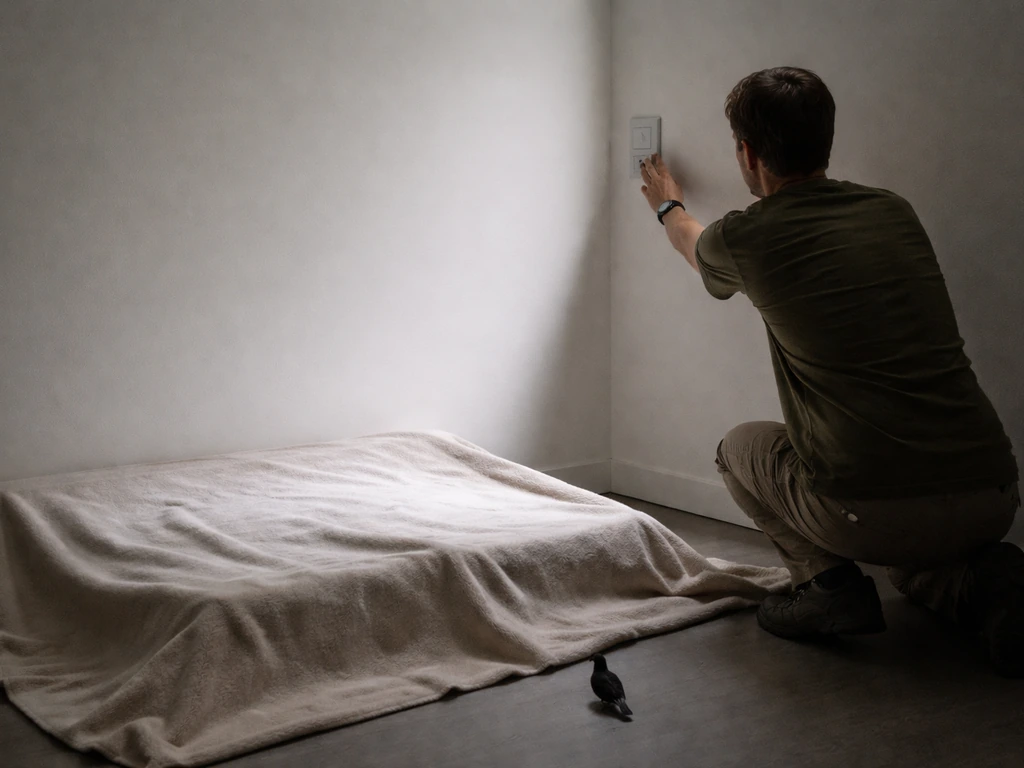 Anonymous rescuer dims interior lights and covers a bright skylight with a blanket to calm an indoor bird.