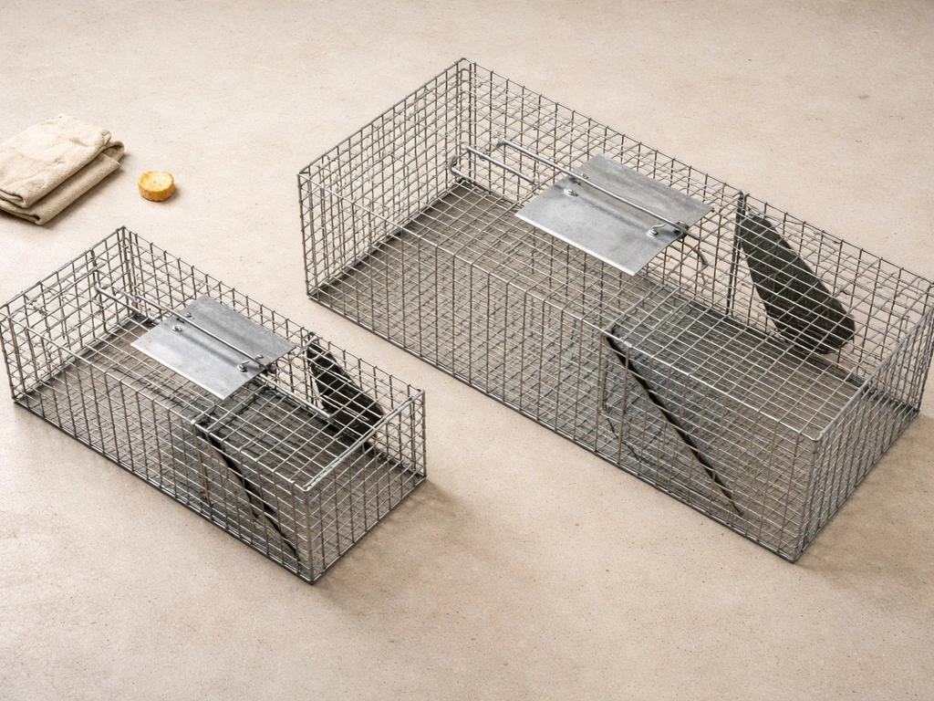 Top-down view of a properly sized wire mesh live bird trap with humane bait compartment visible
