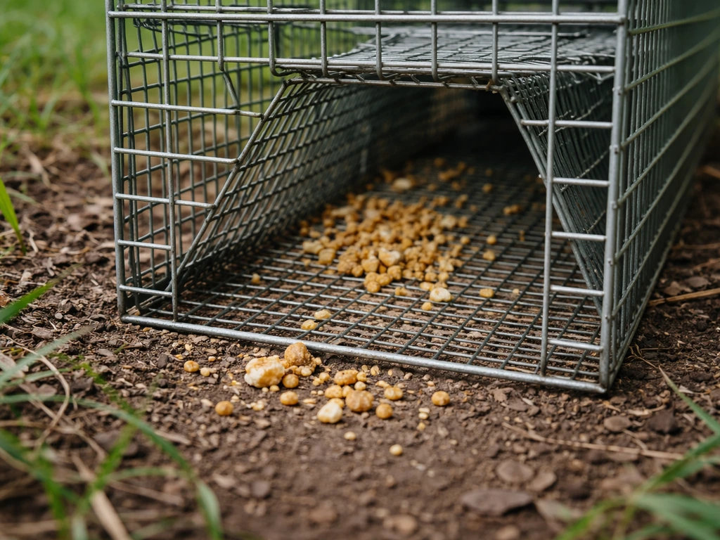 Close-up of a live bird trap with bait lightly placed inside and just outside the entrance.