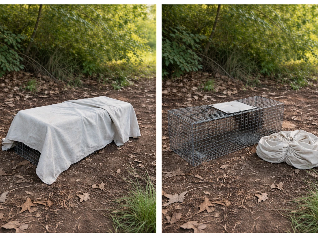 Outdoor wire trap with a light cloth covering the bird, trap opened near a quiet release spot.
