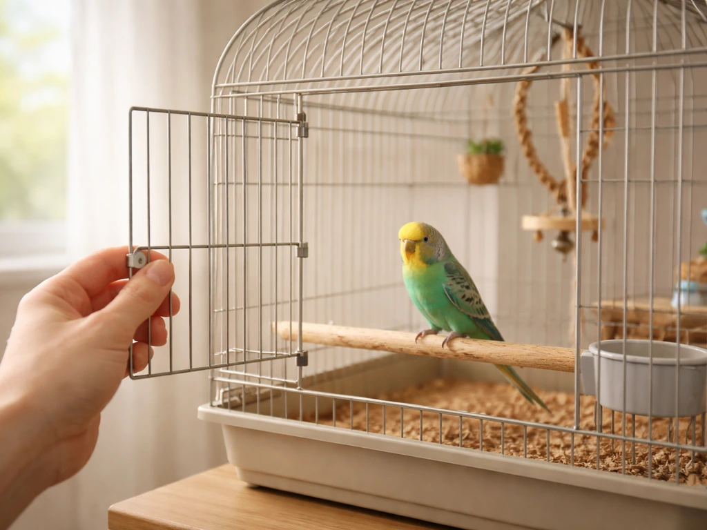 Hand gently opening a pet bird cage door in a calm, bird-proof room with the bird perched inside.