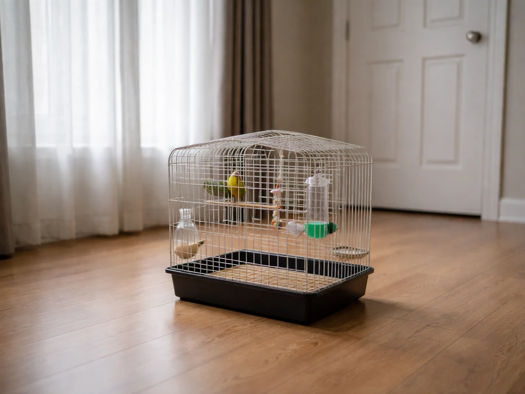 Closed window and doors beside a small birdcage, showing a room made safe before opening the latch.