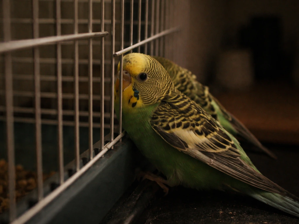 A panicking small bird trapped near wire cage bars in a dim, uncluttered room