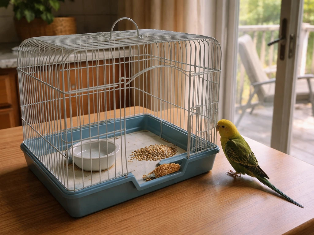 A small pet bird near an open cage entrance with fresh water and a treat inside to guide it in.