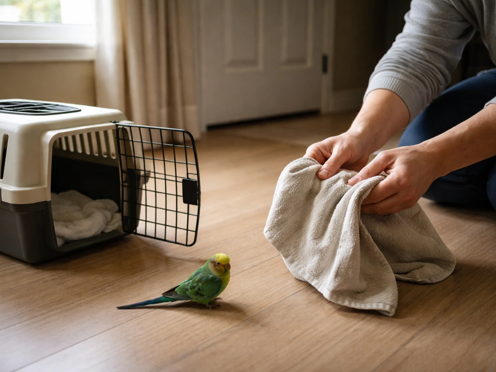 Person gently approaching an escaped pet bird with a soft cloth and open carrier near a secured doorway.