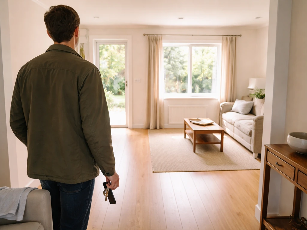 Cleared living-room floor with an adult at the doorway preparing calmly before opening a window or grabbing a towel.
